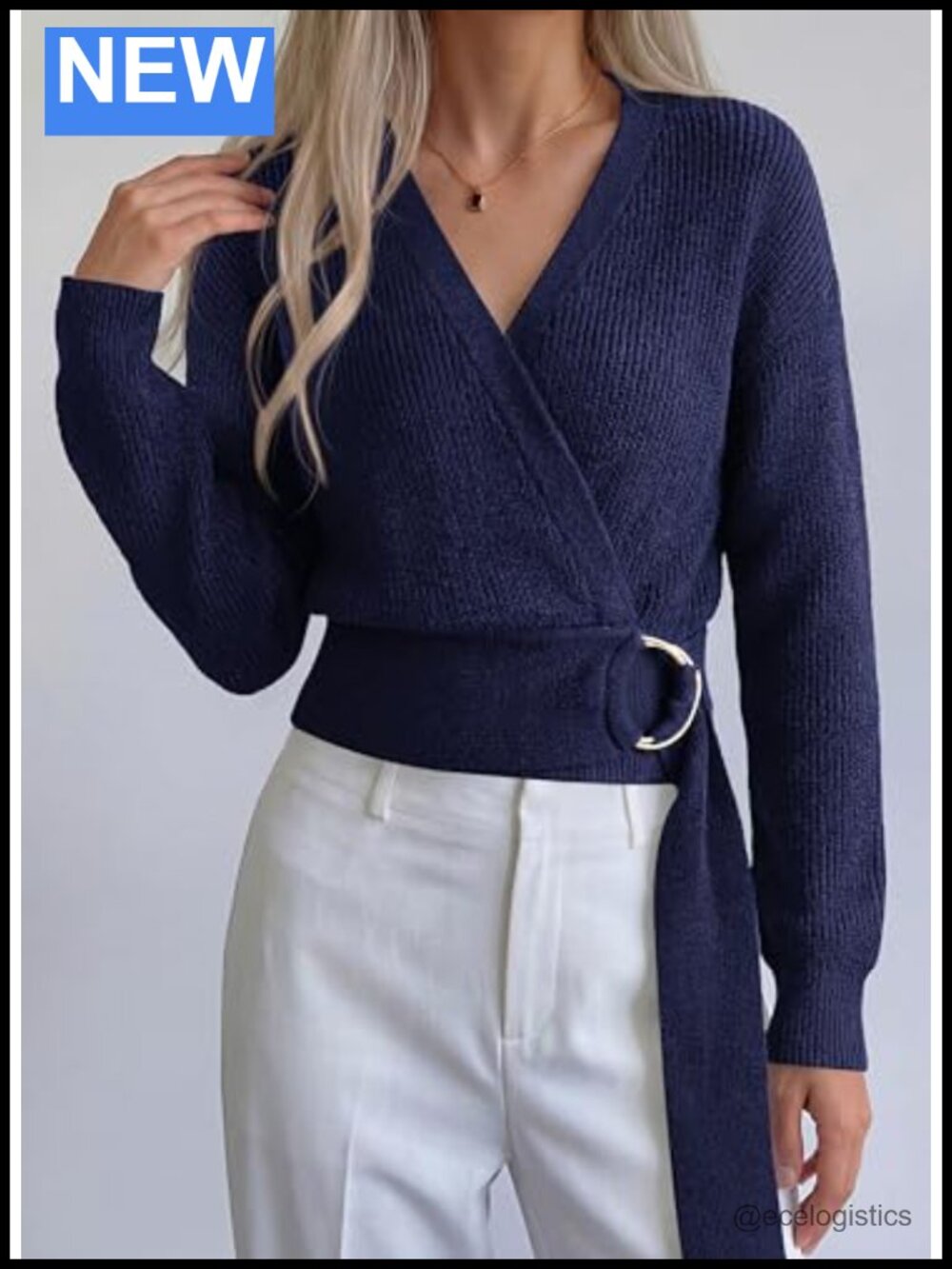 Long Sleeve Wrap V Neck Belted Knit Sweater Women Fall Winter - Picture 5 of 6